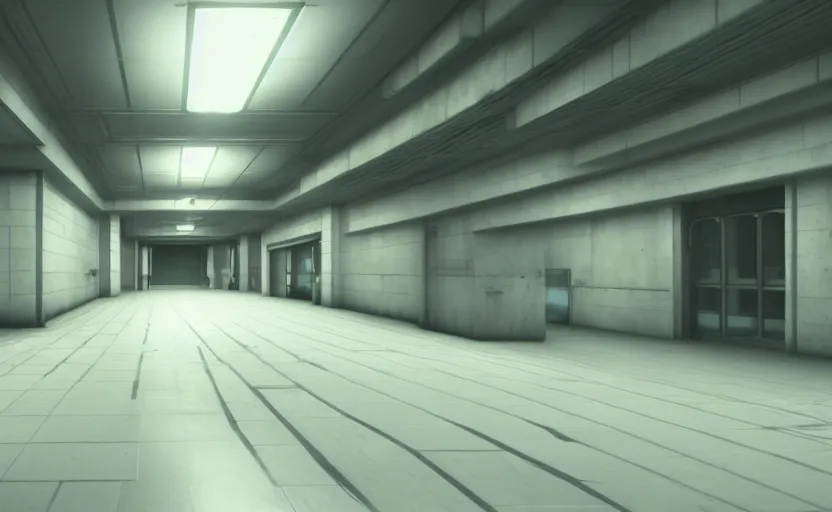 Prompt: screenshot of a game on unreal engine 5, narrow modern hallways of a secret government facility, photorealistic, liminal, retrofuturism, minimalism, soft vintage glow