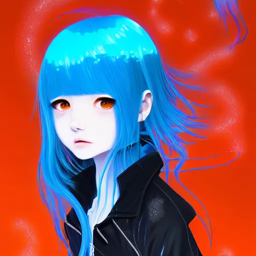 Image similar to blue slime swirling around rimuru tempest crying, enveloped in ghosts, sky blue straight hair, bangs, with amber eyes, black jacket, high collar, ultra fine detaile, dark theme, digital painting, psychedelic, cinematic, wlop, pixiv, ilya kuvshinov, ross tran