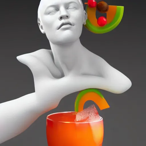 Image similar to a 3 d white marble human head holding a coctail, colorful coctail, digital illustration, 3 d render, amazing detail