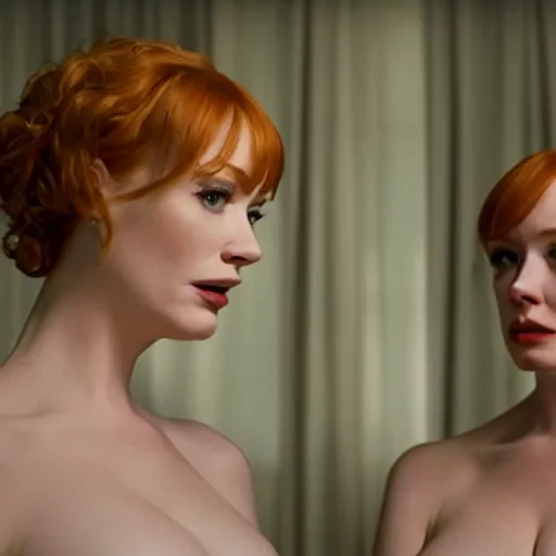 Image similar to a very surprised beautiful Christina Hendricks and her twin sister in the living room, film still from the movie directed by Denis Villeneuve with art direction by Salvador Dalí, wide lens