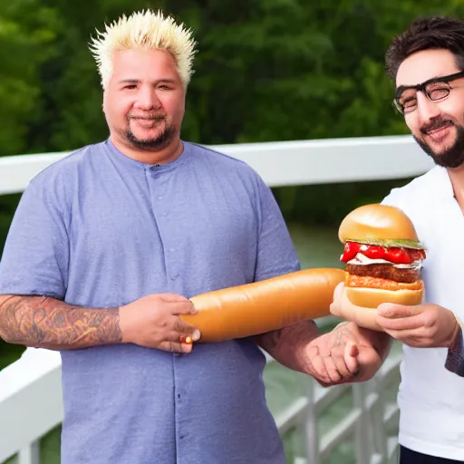 Prompt: stock image guy holding hot dog over a bridge with guy fieri