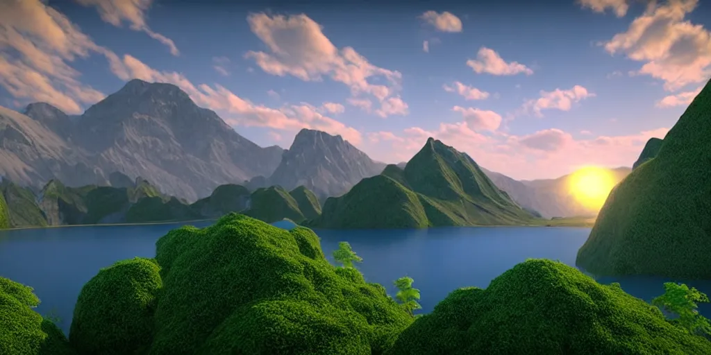 Prompt: a beautiful landscape, sun rises between two mountains, a lake in between the mountains, green, lush vegetation, blue sky, cloudy, 3 d artwork by john stephans, unreal engine 5, extremely detailed, hyper realism