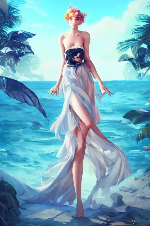 Image similar to a beautiful fashion goddness of love, chic strapless dress, tropical sea background, character design, in the style of artgerm, and wlop, cinematic lighting, hyperdetailed, 8 k realistic, symmetrical, global illumination, radiant light, frostbite 3 engine, cryengine, dof, trending on artstation, digital art