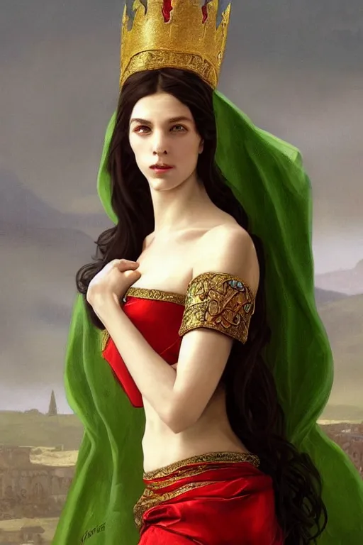 Prompt: Portrait of historically accurate, ancient biblical, pale, slim, shapely, young queen jezebel, wearing gilded red robes, long black hair, green eyes, intricate, elegant, highly detailed, digital painting, artstation, concept art, smooth, sharp focus, illustration, art by artgerm and greg rutkowski and alphonse mucha and andrei riabovitchev