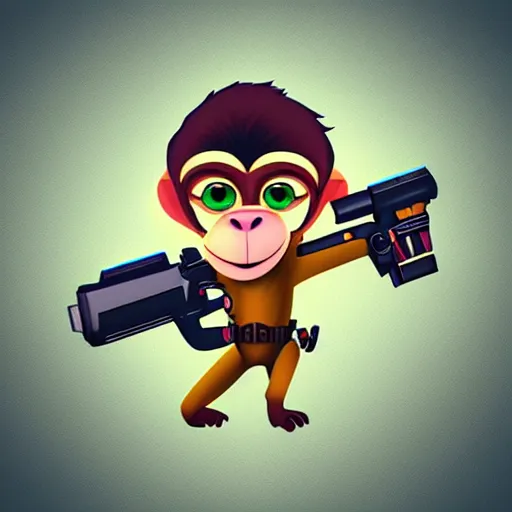 Image similar to “ logo of a monkey in the style of zootopia holding laser gun, with a black background, digital art, award winning, trending on art station, retro style ”