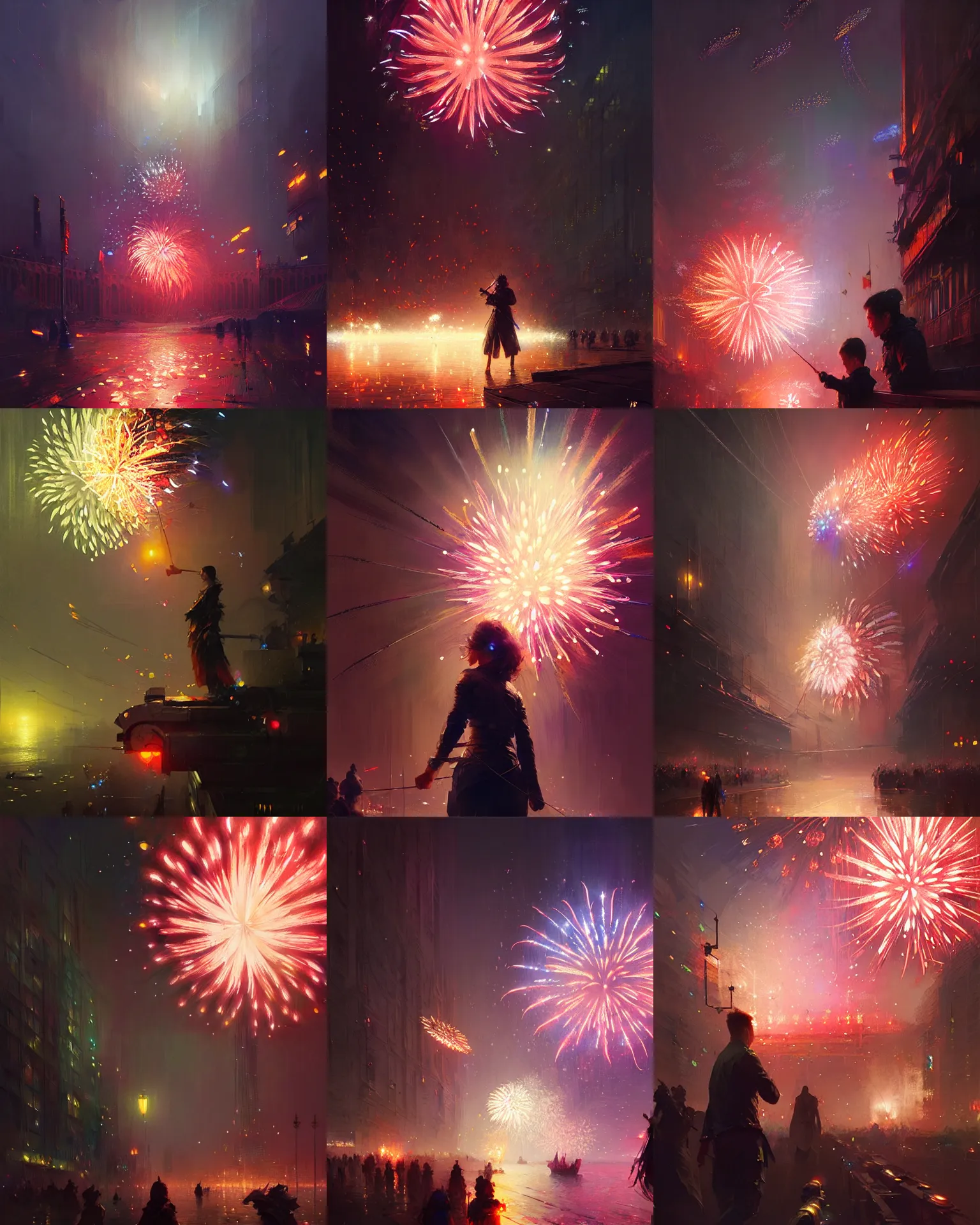 Prompt: fireworks, night festival, lens flare, bloom, intricate, sharp focus, illustration, highly detailed, digital painting, concept art, matte, art by ruan jia and wlop and greg rutkowski, masterpiece