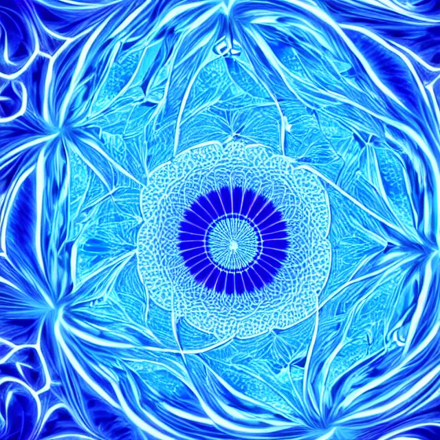 Prompt: a blue and white image of a flower, digital art by julian allen, shutterstock contest winner, generative art, tesseract, fractalism, quantum wavetracing