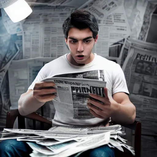 Image similar to professional photographic image of young angry man ripping newspapers, studio shot, dynamic lighting, high definition, highly detailed, photo-realistic, unreal engine render, 16k