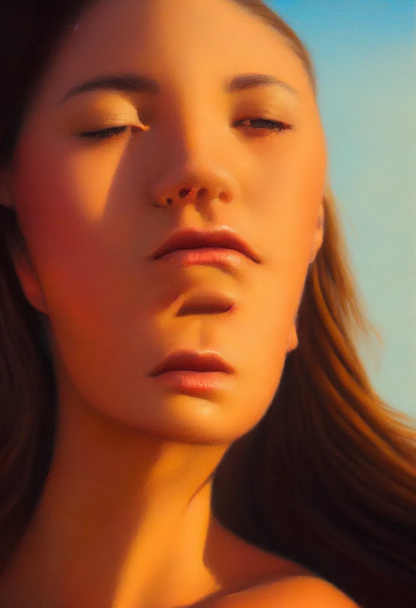 Image similar to a face portrait of a beautiful girl enjoying the warm sunlight, cuban setting, close - shot, symmetrical face, warm colors, soft lighting, atmospheric, cinematic, moody, in the style of diego koi, gina heyer, luiz escanuela, art by alyssa monk, hyperrealism, rule of thirds, golden ratio, oil on canvas, 8 k