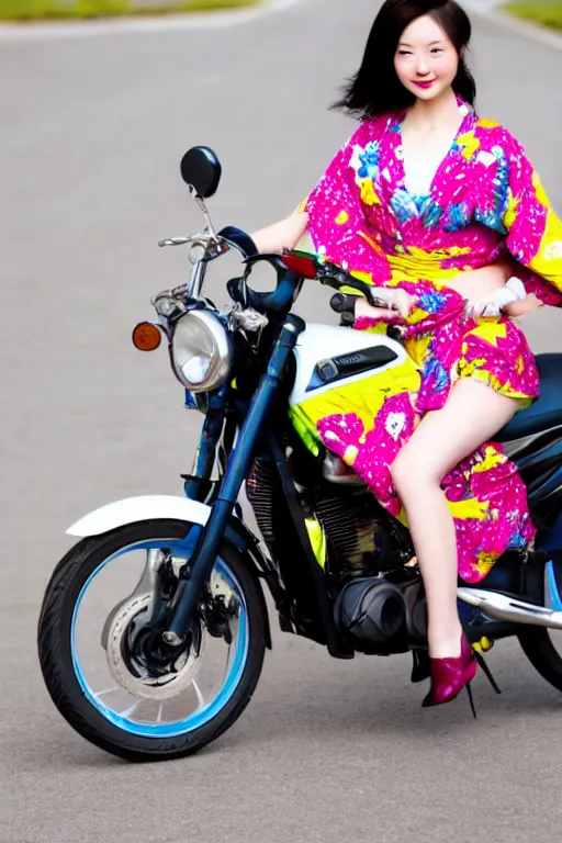 Image similar to full - length photo, young woman, riding a motorcycle, wearing japanese kimono, high heels, 4 k, colourful