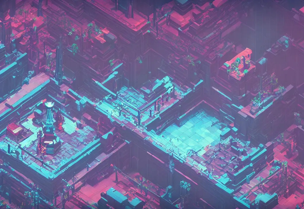 Prompt: isometric pixel art bloodborne no mans sky, vaporwave, cinematic lighting, 4 k