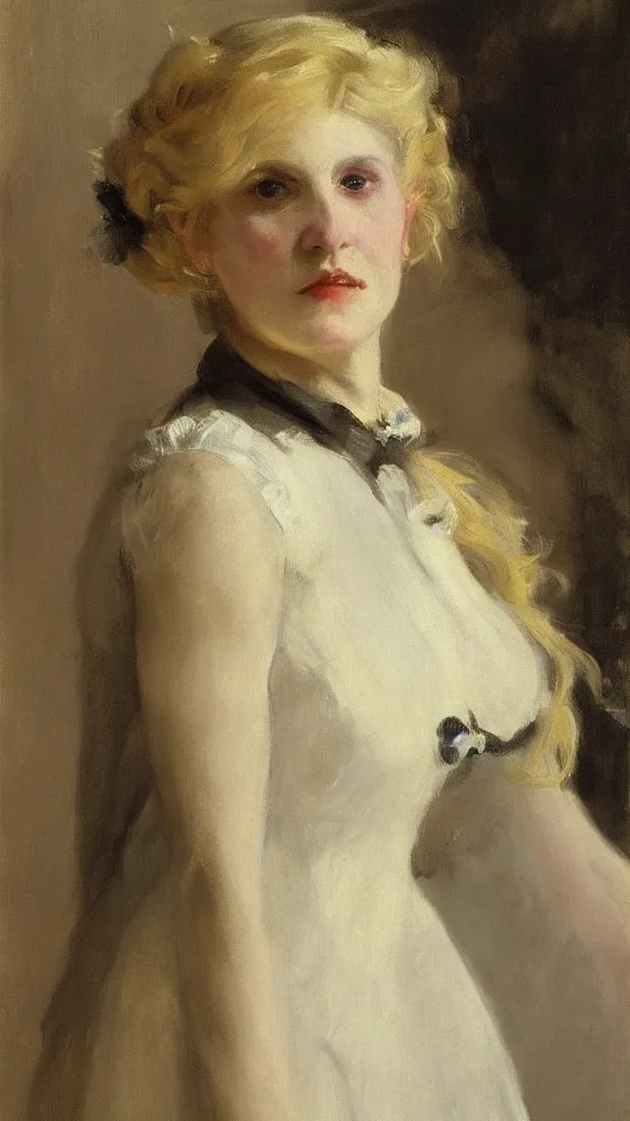 Image similar to portrait of a middle aged maid with blonde hair, by sargent, 1880