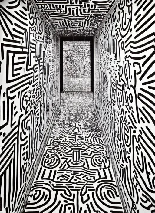 Image similar to photograph of a hallway decorated by Keith Haring, architecture magazine, dezeen, 50mm, pentax, film