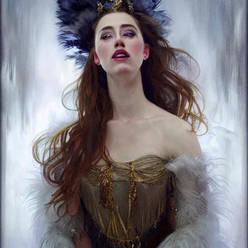 Prompt: hyperrealistic portrait of a woman as amber heard as the winter witch wearing white swan dress long feathers and sapphire jewellery by jeremy mann and alphonse mucha, fantasy art, photo realistic, dynamic lighting, artstation, poster, volumetric lighting, very detailed faces, 4 k, award winning