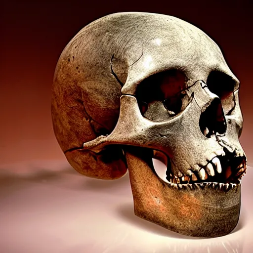 Image similar to An ancient cybernetic human skull in a museum, alien language, science fiction