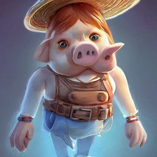 Image similar to cute little anthropomorphic funny female pig wearing shorts, a sunhat, boots and a pale blue shirt!! tiny!! fully clothed!!! small, short, cute and adorable, character art portrait, matte fantasy painting, deviantart artstation, by jason felix by steve argyle by tyler jacobson by peter mohrbacher, cinema