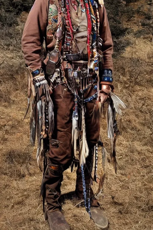 Image similar to thin native American Indian man in his early 30s, wearing cargo buckskin jacket buckskin tactical toolbelt pockets bandolier full of trinket and baubles, steampunk arcane shaman, deadlands, weird west