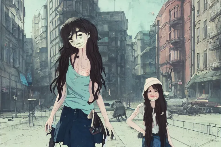 Image similar to urban school zombie girl in tattered clothes with a city street of Buenos aires in the background, dark blue long hair, muted colors, matte print, pastel colors, ornate, digital art, cute smile, digital painting, fan art, elegant, pixiv, by Ilya Kuvshinov, by Studio Ghibli