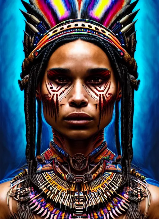 Image similar to portrait of zoe kravitz, hyper detailed ultra sharp aztec shaman warrior. trending on artstation, warpaint aesthetic, bloodwave, colorful, psychedelic, ornate, intricate, digital painting, concept art, smooth, sharp focus, illustration, art by artgerm and greg rutkowski and h. r. giger, 8 k