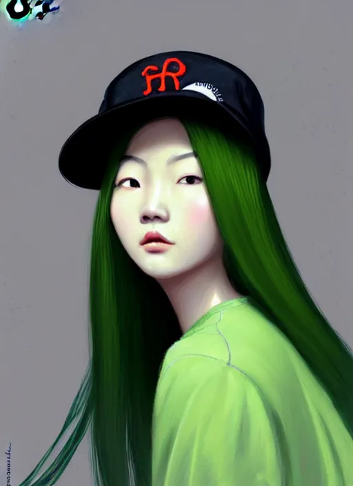 Prompt: portrait of a chinese girl with matte green hair, pixie long straight hair, wearing a light green hat, baseball cap, sophisticated, elegant, glowing lights, highly detailed, digital painting, art stand, concept art, smooth, clear focus, illustration, artwork by wlop, mars ravelo and greg rutkowski