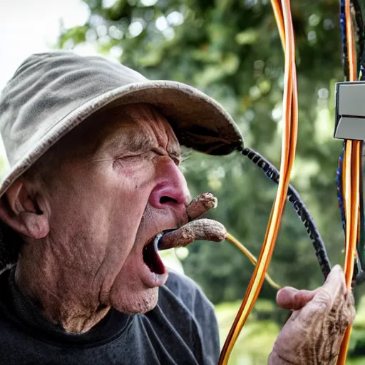 Prompt: national geographic photo of angry old man vomiting audio cables out his mouth