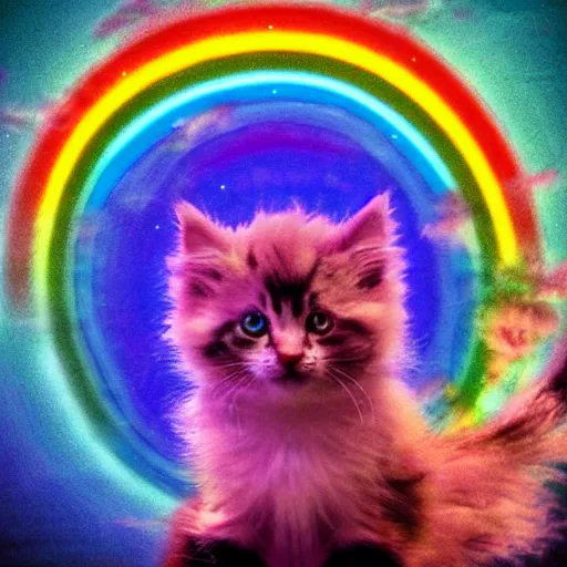 Image similar to of a very proud fluffy rainbow kitten howling at moon with a glowing rainbow aura