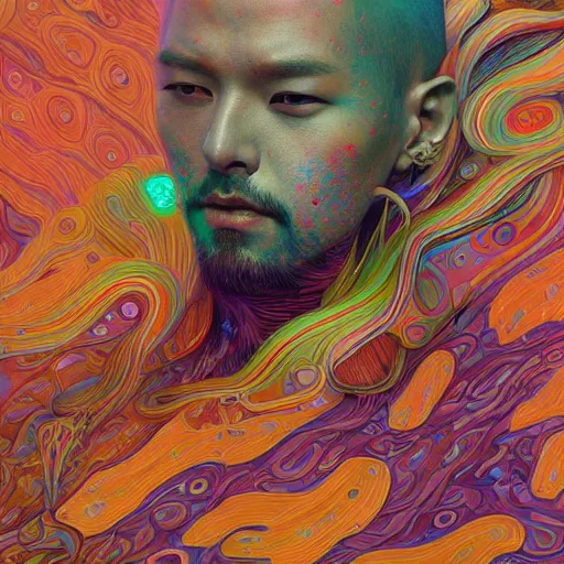 Prompt: RM from BTS, handsome, intense colours, vibrant and vivid color, Digital art, hyper detailed, opulent, hyper realistic, bizarre, in the style of Klimt, Peter Mohrbacher, Marc Simonetti, Jean Giraud, victo ngai, 8k