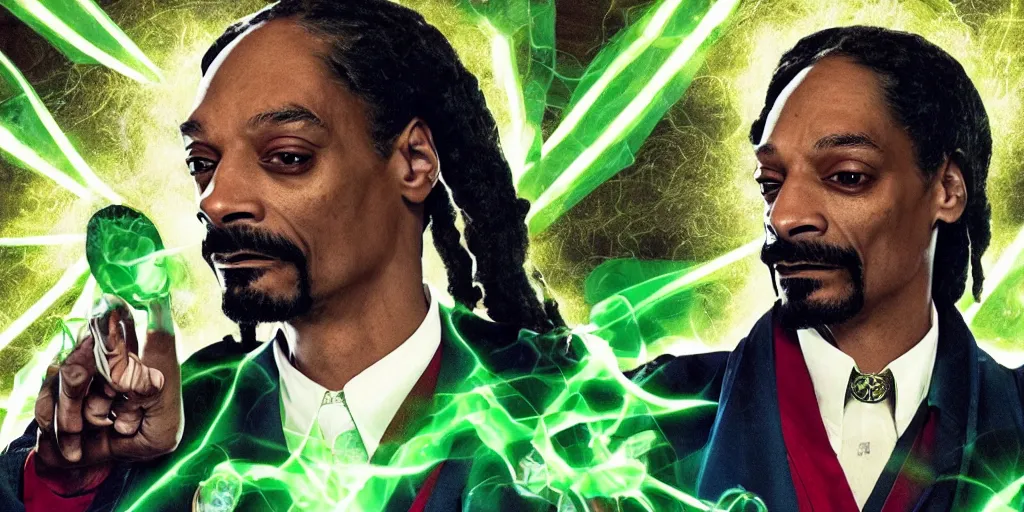 Image similar to snoop dogg as the doctor strange, marijuana leaves, green light, highly detailed, marvel cinematic universe, mcu, photo