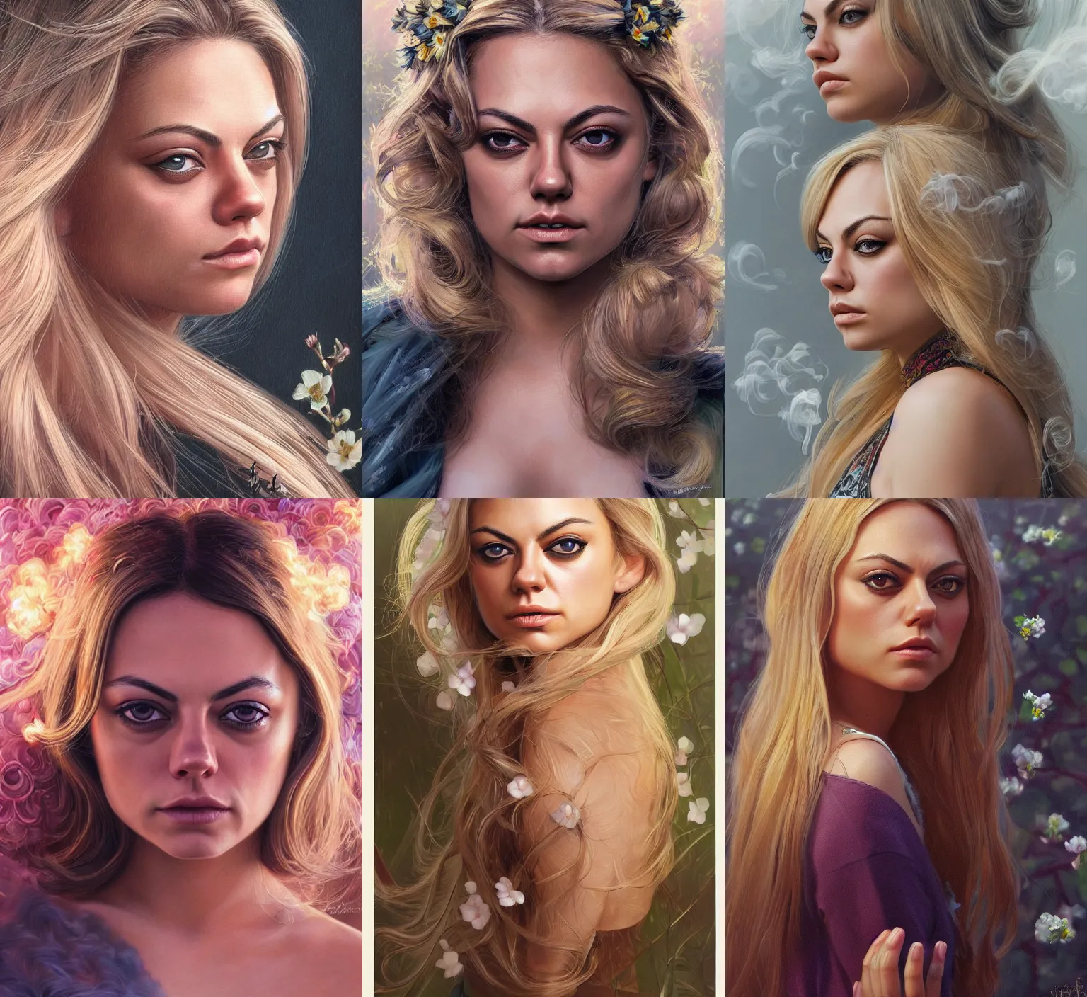 Prompt: sophisticated portrait of blonde-haired Mila Kunis, flower power, thick smoke background, elegance, highly detailed, shallow depth of field, concept art, Artstation, Artgerm, Donato Giancola, Joseph Christian Leyendecker, WLOP