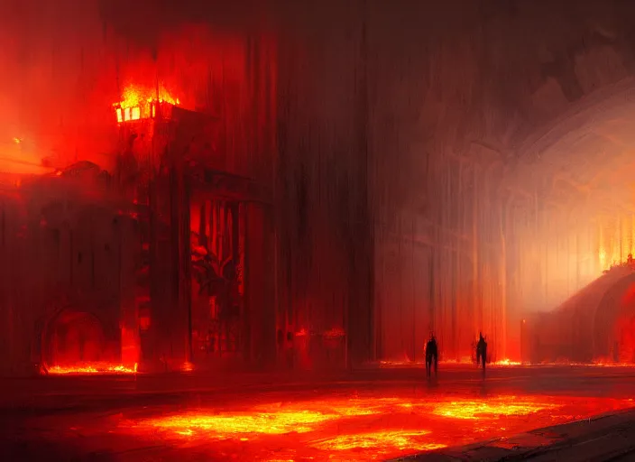 Image similar to huge gate, environment, illustration, fire, smoky, red, colors, epic scene, by craig mullins, symmetrical, golden raito, high quality, intricate details, details, intricate, atmosphere, highly detailed, matte painting, cinematic, deviantart, realistic, concept art, 4 k