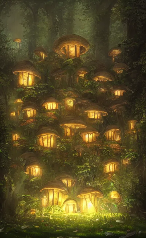 Image similar to a mushroom house in the middle of a forest at night, the lights are on, dynamic lighting, photorealistic fantasy concept art, trending on art station, stunning visuals, creative, cinematic, ultra detailed