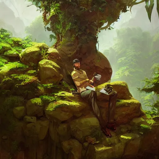 Image similar to a painting of a pilot sitting in a rock on a jungle!, an ultrafine detailed painting by mandy jurgens, featured on deviantart, fantasy art, 2 d game art, ilya kuvshinov, steampunk