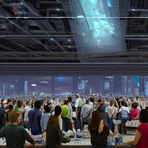 Image similar to large group people in a huge warehouse, looking at hologram of futuristic city on a table | cinematic concept art | godrays | 4 k | clear details | tabletop buildings | tabletop | hologram foreground