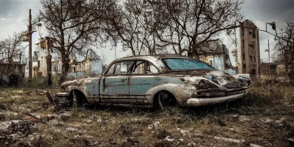 Prompt: low wide angle shot of dilapidated fallout 5 europa, retro futuristic overgrown euro rural town, desolate, dilapidated houses, few rusted retro futuristic vintage parked vehicles like cars, volumetric lighting, photorealistic, daytime, spring, clear weather, sharp focus, ultra detailed, 3 5 0 0 k