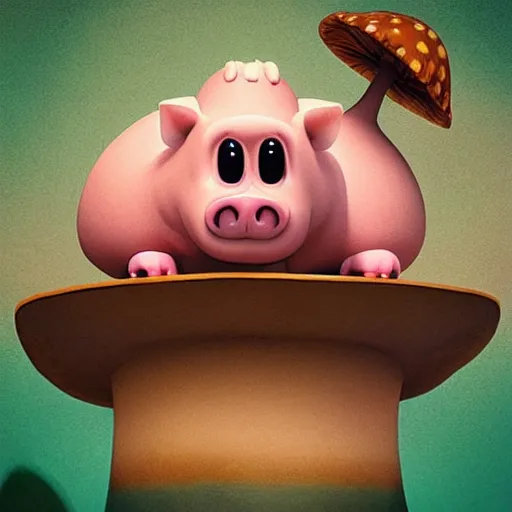 Prompt: “ pixar style pig meditating on top of a giant mushroom cap. ”