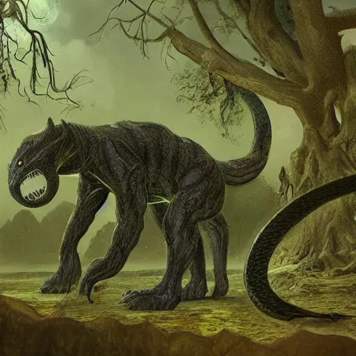 Prompt: A beautiful photograph of a large, looming creature with a long, snake-like body. The creature has many large, sharp teeth, and its eyes glow a eerie green. It is wrapped around a large tree, which is bent and broken under the creature's weight. There is a small figure in the foreground, clutching a sword, which is dwarfed by the size of the creature. mariachi by Marianne von Werefkin, by Worthington Whittredge manmade