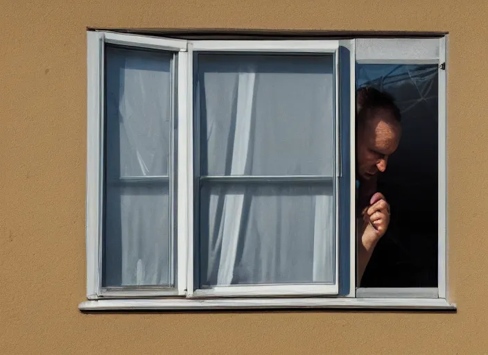 Prompt: a camera obscura closeup photo a man licking his window