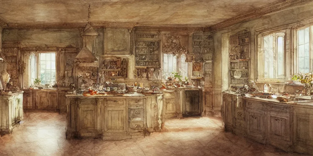 Image similar to a hiper intricate watercolor of a beatiful kitchen, extremely detailed, sharp focus, wide view, smooth, digital illustration, colorfull, by william turner art, by greg rutowski