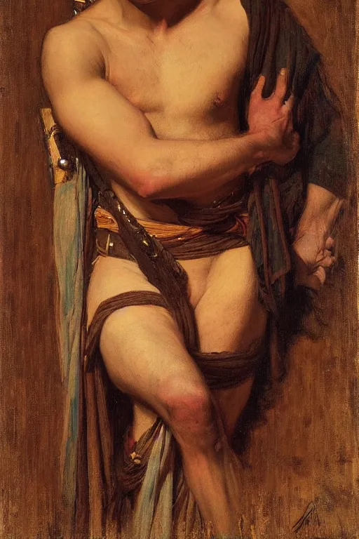 Image similar to attractive male, orientalist intricate portrait by john william waterhouse and edwin longsden long and theodore ralli and nasreddine dinet, hyper realism, dramatic lighting
