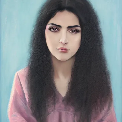 Image similar to portrait of a persian young lady with curly black hair, round face, big brown eyes, picture, hyperrealistic, focused, detailed, computer painting