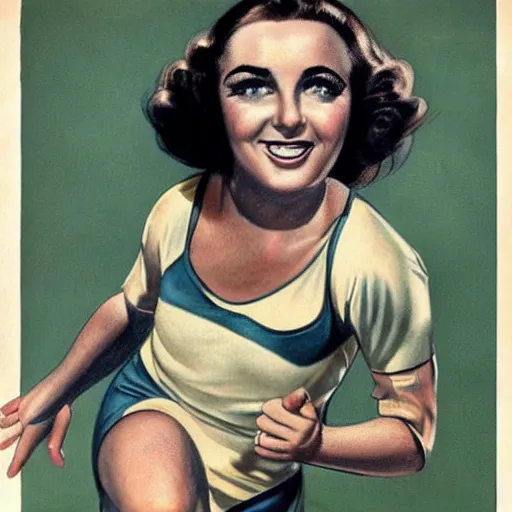 Image similar to a 1 9 3 0 s ultra - realistic color portrait. happy, healthy, beautiful, smiling, young, sporty, blonde, blue - eyed symmetric liz taylor in decent athletic wear. hyper - realistic detailed drawing