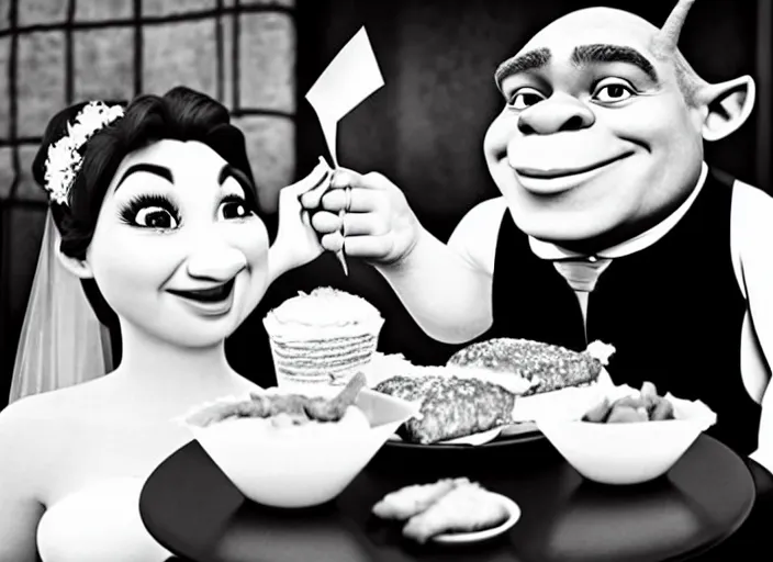 Image similar to A photograph of Shrek and Fiona eating at KFC on their wedding day.