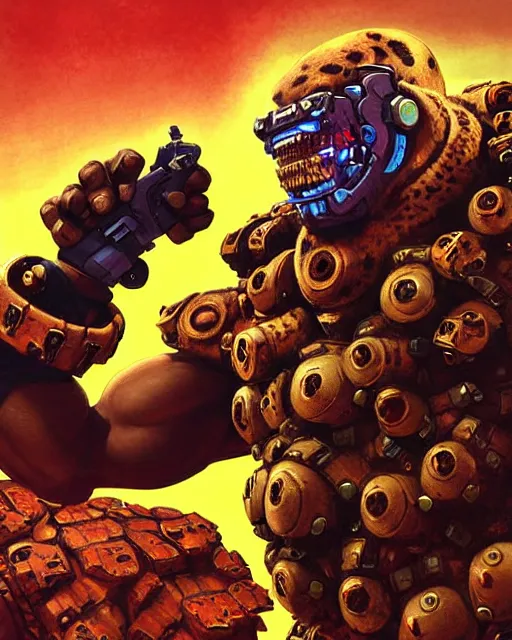 Image similar to doomfist from overwatch, aggressive expression, elegant, leopard print, character portrait, portrait, close up, concept art, intricate details, highly detailed, vintage sci - fi poster, retro future, in the style of chris foss, rodger dean, moebius, michael whelan, and gustave dore