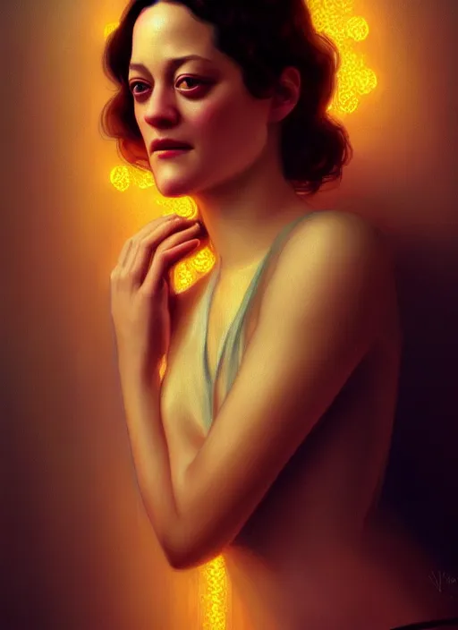 Prompt: portrait of marion cotillard, intricate, elegant, glowing lights, highly detailed, digital painting, artstation, glamor pose, concept art, smooth, art nouveau, sharp focus, illustration, art by wlop, alphonse mucha and craig mullins