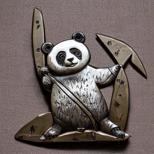 Prompt: Metalwork of a Panda practing karate, medieval art, fragmented metal medieval sculpture of a penguim