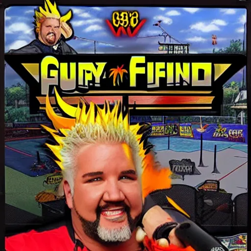 Prompt: guy fieri : backyard wrestling the video game 1 9 8 9 special tournament edition plus alpha arcade cabinet, game case, box art