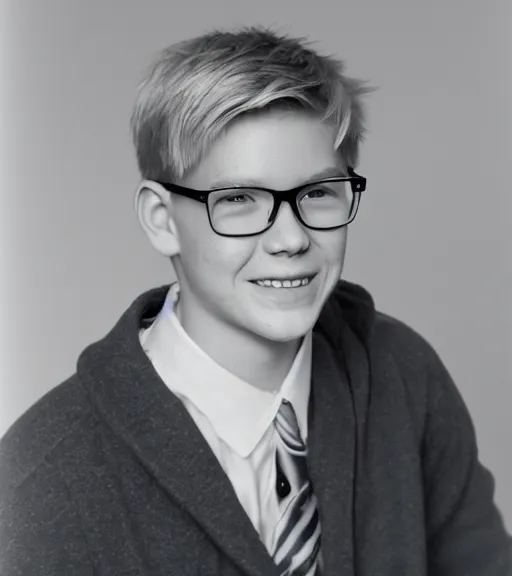 Prompt: a professional portrait of jason grace, a teenage sixteen year old white boy with electric blue eyes, blonde flat top hair, a kind smile, bronze thin - rimmed glasses, a small scar on the left side of his mouth, jock, 6'1