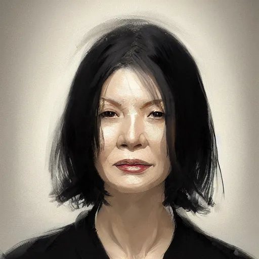 Image similar to Portrait of a woman by Greg Rutkowski, she is about 50 years old, japanese, black straight hair, attractive, elegant, airs of superiority, she is wearing black and white utilitarian jumpsuit, highly detailed portrait, digital painting, artstation, concept art, smooth, sharp foccus ilustration, Artstation HQ.