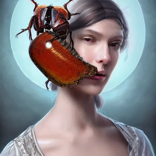 Image similar to A masterpiece portrait of a Incredibly beautiful maid barique renaissance swamp nun girl holding very beautiful big shiny king beetle. hunting on deer with russian greyhound medium shot, intricate, elegant, highly detailed. trending on artstation, digital art, by Stanley Artgerm Lau, WLOP, Rossdraws, James Jean, Andrei Riabovitchev, Marc Simonetti, Yoshitaka Amano. background by James Jean and Gustav Klimt, light by Julie Bell, 4k, porcelain skin.