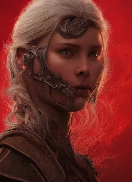 Image similar to vertical portrait of a ruggedly handsome female cleric, soft hair, close - up face, leather, witchy, d & d, fantasy, intricate, elegant, highly detailed, digital painting, artstation, concept art, smooth, sharp focus, illustration, art by artgerm and greg rutkowski and alphonse mucha, plain red background